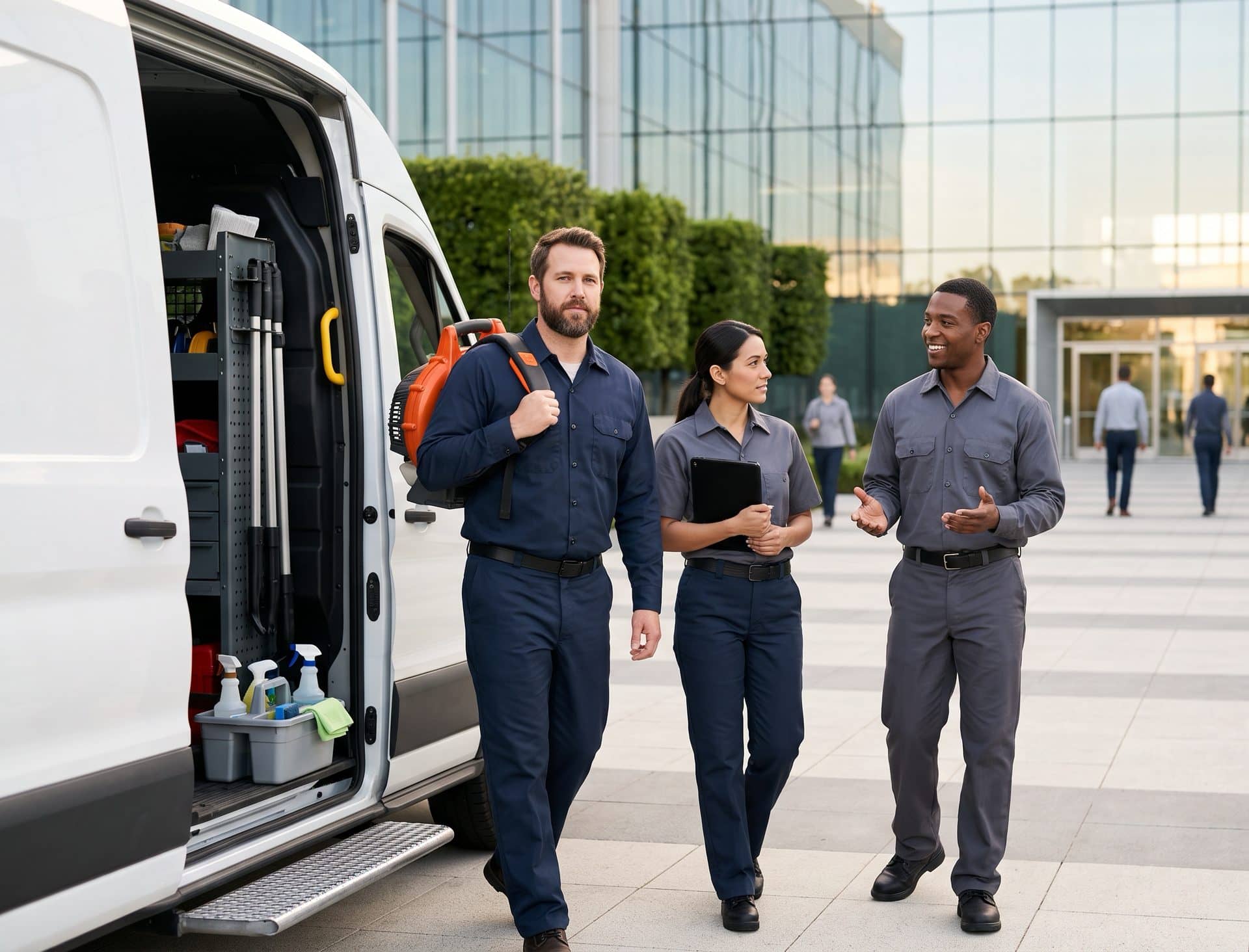 Three building services crew members walking from their service van outside a modern glass office building, one carrying a backpack blower and another holding a tablet